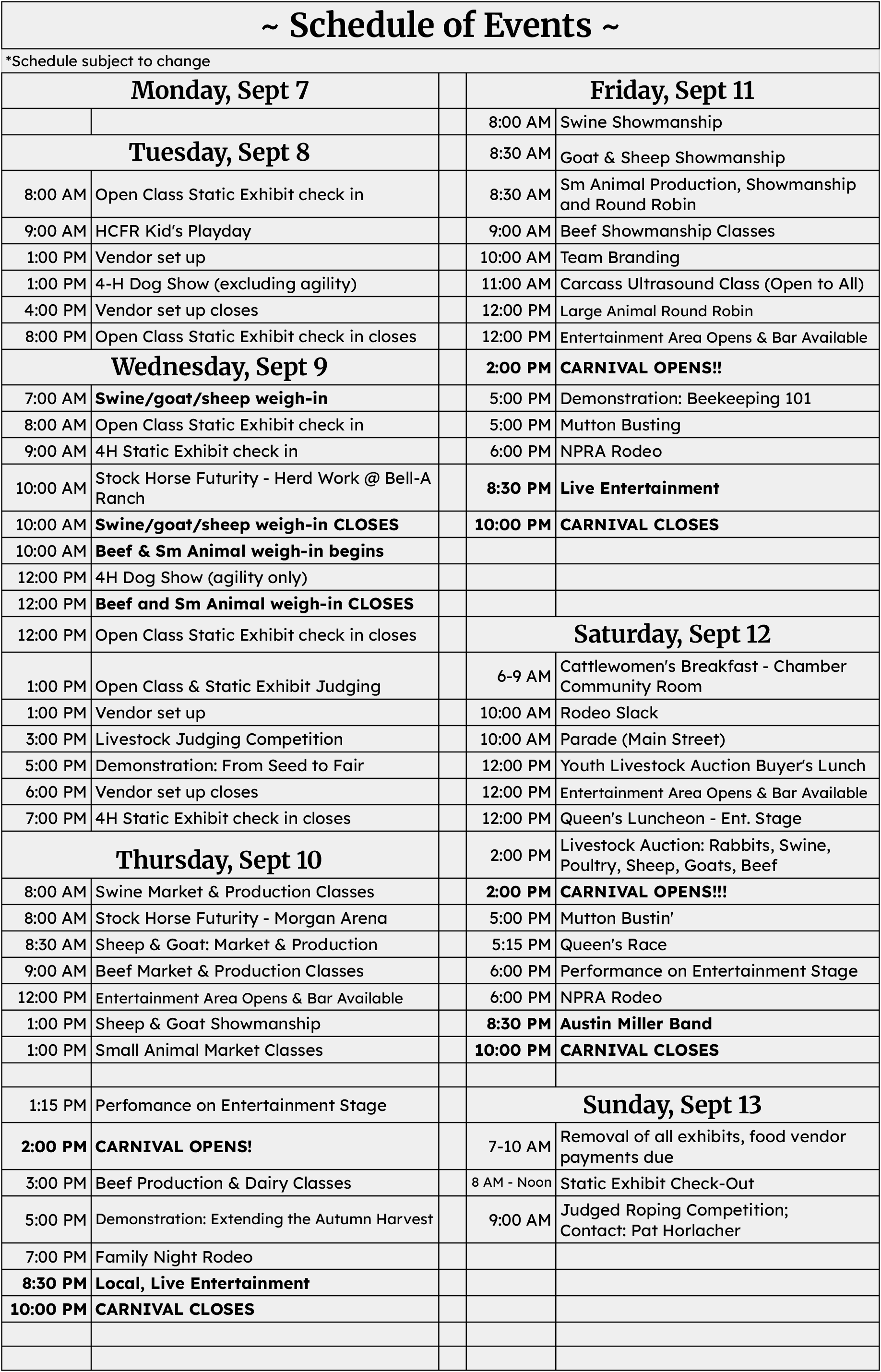 2026 Harney County Fair Schedule